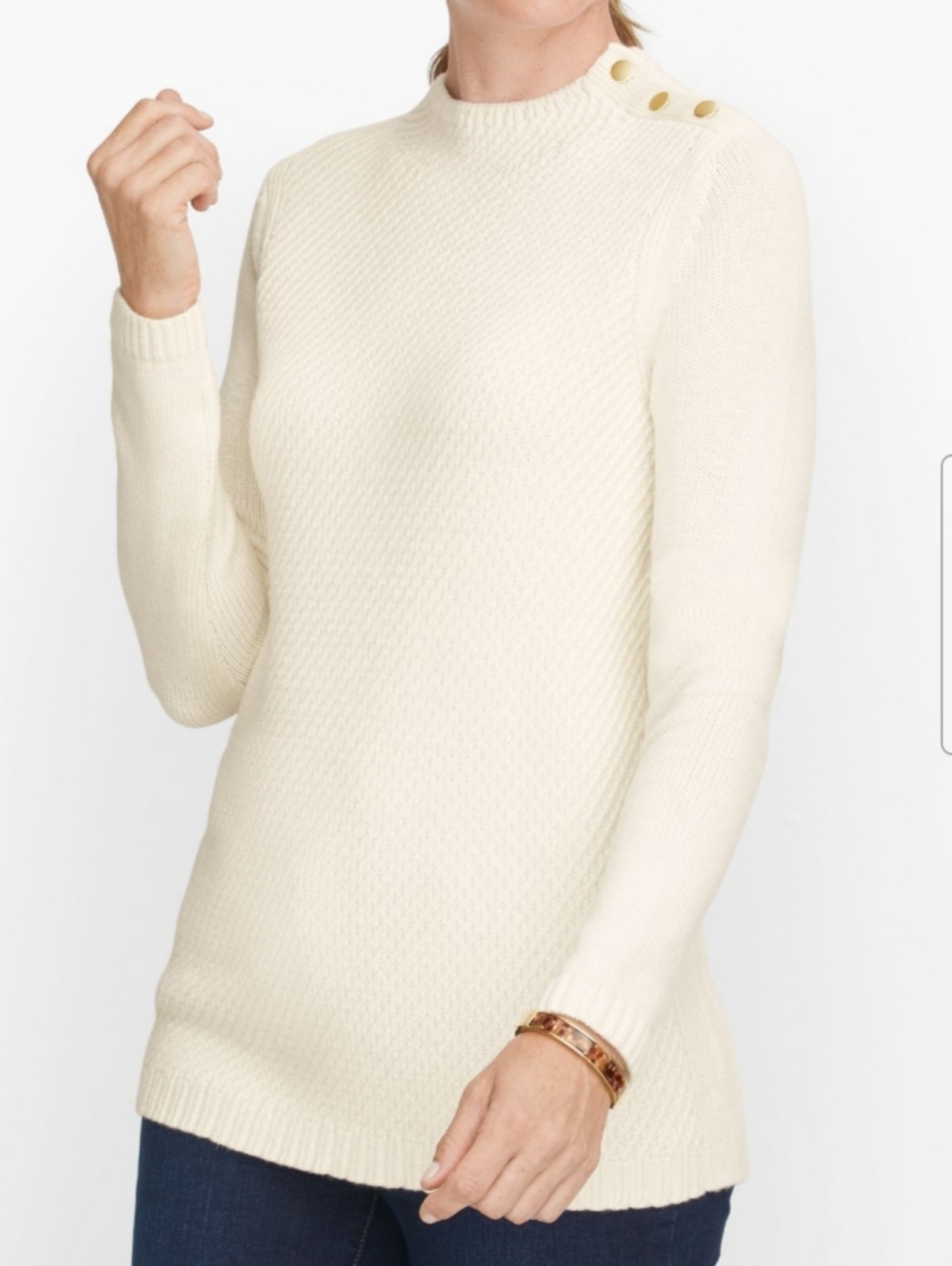 Talbots Ivory Mockneck Cotton Blend Sweater w/ Gold Button Details